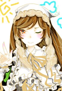 Rating: Safe Score: 0 Tags: 1girl brown_hair closed_mouth dress frills heart image long_hair long_sleeves looking_at_viewer one_eye_closed ribbon smile solo suiseiseki User: admin