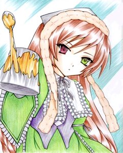 Rating: Safe Score: 0 Tags: 1girl braid brown_hair dress frills green_dress green_eyes hat head_scarf heterochromia hong_meiling image imageboard_desourced long_hair long_sleeves looking_at_viewer non-web_source photoshop_(medium) red_eyes rozen_maiden solo suiseiseki traditional_media twin_braids watering_can User: admin