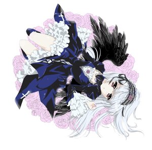Rating: Safe Score: 0 Tags: 1girl black_wings dress flower frills hairband image long_hair long_sleeves looking_at_viewer lying on_back pink_flower red_eyes rose silver_hair solo suigintou wings User: admin