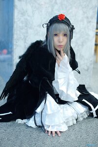 Rating: Safe Score: 0 Tags: 1girl bangs black_dress blurry blurry_background closed_mouth depth_of_field dress flower frills gothic_lolita hairband lips lolita_fashion lolita_hairband long_sleeves looking_at_viewer photo rose silver_hair sitting solo suigintou User: admin