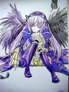 Rating: Safe Score: 0 Tags: 1girl black_wings boots detached_collar dress feathers flower frilled_sleeves frills full_body hairband image long_hair long_sleeves looking_at_viewer ribbon rose sitting solo suigintou traditional_media very_long_hair wings User: admin