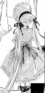 Rating: Safe Score: 0 Tags: 1girl dress frills greyscale image long_hair monochrome shinku shoes solo standing twintails very_long_hair User: admin