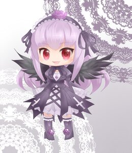 Rating: Safe Score: 0 Tags: 1girl chibi dress flower frills full_body hairband image long_hair long_sleeves looking_at_viewer open_mouth red_eyes ribbon rose smile solo suigintou wings User: admin