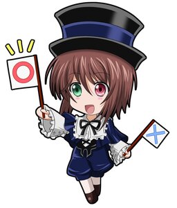 Rating: Safe Score: 0 Tags: 1girl :d blue_dress brown_hair chibi full_body green_eyes hat heterochromia image long_sleeves open_mouth red_eyes ribbon short_hair shorts smile solo souseiseki standing top_hat white_background User: admin