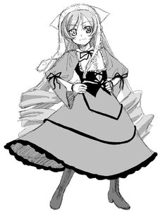 Rating: Safe Score: 0 Tags: 1girl blush boots cross-laced_footwear dress drill_hair full_body greyscale image long_hair long_sleeves looking_at_viewer monochrome ribbon simple_background smile solo standing suiseiseki twin_drills very_long_hair white_background User: admin