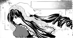 Rating: Safe Score: 0 Tags: 1girl blush dress flower frills greyscale image long_hair long_sleeves monochrome solo suiseiseki User: admin