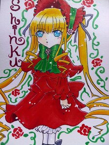 Rating: Safe Score: 0 Tags: 1girl blonde_hair blue_eyes blush bonnet bow bowtie dress drill_hair flower frills green_bow green_neckwear hat image long_hair long_sleeves looking_at_viewer marker_(medium) red_capelet red_dress rose shikishi shinku sidelocks solo traditional_media twintails User: admin