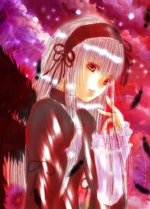 Rating: Safe Score: 0 Tags: 1girl bangs dress feathers flower hairband image long_hair long_sleeves looking_at_viewer red_eyes silver_hair smile solo suigintou upper_body wings User: admin