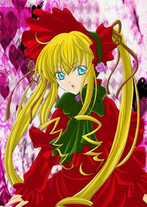 Rating: Safe Score: 0 Tags: 1girl blonde_hair blue_eyes bonnet bow bowtie capelet dress flower green_bow green_neckwear image long_hair long_sleeves looking_at_viewer red_dress rose shinku sidelocks solo twintails very_long_hair User: admin