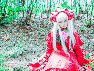 Rating: Safe Score: 0 Tags: 1girl bangs blue_eyes bonnet closed_mouth dress flower lace long_hair looking_at_viewer red_dress shinku solo upper_body white_hair User: admin