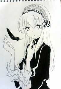 Rating: Safe Score: 0 Tags: 1girl auto_tagged bangs blush closed_mouth dress eyebrows_visible_through_hair feathers frills greyscale hairband image lolita_hairband long_hair long_sleeves monochrome ribbon solo suigintou traditional_media upper_body User: admin