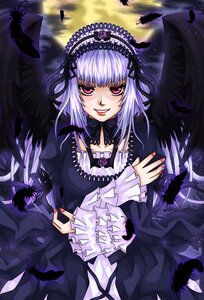 Rating: Safe Score: 0 Tags: 1girl black_feathers black_wings dress feathers frilled_sleeves frills hairband image lolita_hairband long_hair long_sleeves looking_at_viewer nail_polish pink_eyes red_eyes smile solo suigintou wings User: admin