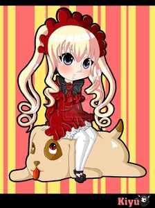 Rating: Safe Score: 0 Tags: 1girl blonde_hair blue_eyes blush bonnet bow dress drill_hair frills image letterboxed long_hair shinku sitting solo striped tongue twintails white_legwear User: admin