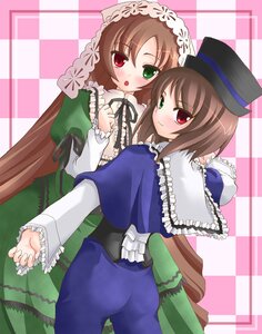 Rating: Safe Score: 0 Tags: 2girls argyle argyle_background blush brown_hair checkered checkered_background checkered_floor cowboy_shot dress framed frills green_dress green_eyes hat heterochromia holding_hands image long_hair long_sleeves looking_at_viewer multiple_girls open_mouth pair pink_background red_eyes rozen_maiden short_hair siblings sisters souseiseki suiseiseki tilm top_hat twins very_long_hair User: admin