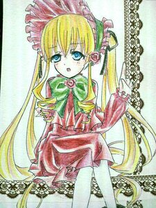 Rating: Safe Score: 0 Tags: 1girl :o blonde_hair blue_eyes bonnet bow bowtie dress flower green_bow image long_hair long_sleeves looking_at_viewer marker_(medium) open_mouth pantyhose rose shinku sidelocks sitting solo traditional_media twintails very_long_hair User: admin