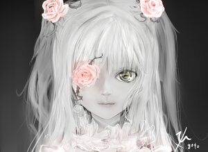 Rating: Safe Score: 0 Tags: 1girl eyepatch flower hair_flower hair_ornament image kirakishou lips looking_at_viewer monochrome pink_flower pink_rose portrait rose solo white_flower white_hair white_rose yellow_eyes User: admin