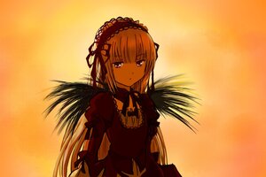 Rating: Safe Score: 0 Tags: 1girl dress frills hairband image long_hair long_sleeves looking_at_viewer orange_background orange_sky outdoors purple_eyes solo suigintou sunset upper_body User: admin