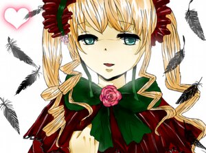 Rating: Safe Score: 0 Tags: 1girl blonde_hair blue_eyes drill_hair feathers flower green_bow green_neckwear image long_hair looking_at_viewer rose shinku simple_background solo twin_drills twintails white_background User: admin