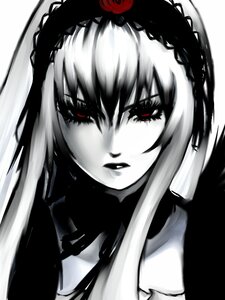 Rating: Safe Score: 0 Tags: 1girl hairband image long_hair looking_at_viewer monochrome red_eyes solo spot_color suigintou User: admin