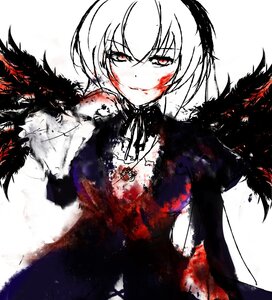 Rating: Safe Score: 0 Tags: 1girl blood blood_on_face blood_splatter bloody_clothes fur_trim image long_sleeves looking_at_viewer red_eyes smile solo suigintou upper_body white_background User: admin