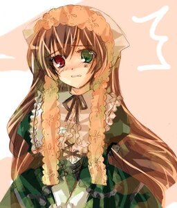 Rating: Safe Score: 0 Tags: 1girl black_ribbon blush brown_hair dress frills green_dress green_eyes head_scarf heterochromia image long_hair long_sleeves looking_at_viewer red_eyes simple_background solo suiseiseki twintails very_long_hair User: admin