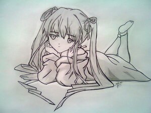 Rating: Safe Score: 0 Tags: 1girl barefoot chin_rest feet hair_ribbon image long_hair looking_at_viewer lying monochrome on_stomach ribbon shinku solo the_pose traditional_media twintails User: admin