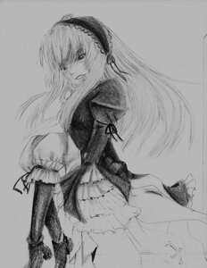 Rating: Safe Score: 0 Tags: 1girl dress frills greyscale hairband image long_hair long_sleeves looking_at_viewer monochrome solo suigintou traditional_media User: admin