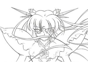 Rating: Safe Score: 0 Tags: 1girl barasuishou dress flower frills greyscale hair_ribbon image lineart long_hair monochrome ribbon simple_background solo twintails white_background User: admin