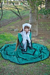 Rating: Safe Score: 0 Tags: 1girl blue_eyes brown_hair day dress long_hair looking_at_viewer nature outdoors sitting solo suiseiseki tree User: admin