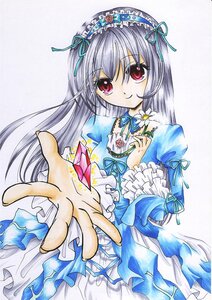 Rating: Safe Score: 0 Tags: 1girl blue_flower dress flower frills hairband image lolita_fashion long_hair long_sleeves looking_at_viewer marker_(medium) outstretched_hand red_eyes ribbon rose silver_hair smile solo suigintou traditional_media User: admin