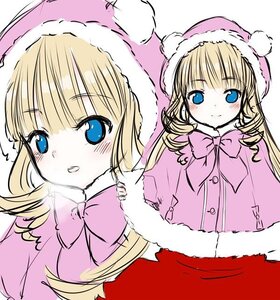 Rating: Safe Score: 0 Tags: 2girls blonde_hair blue_eyes blush bow bowtie capelet hat image long_hair long_sleeves looking_at_viewer multiple_girls pink_bow shinku simple_background smile solo User: admin
