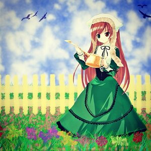 Rating: Safe Score: 0 Tags: 1girl bird cloud dress field flower flower_field frills full_body grass green_dress hat head_scarf heterochromia holding image long_hair long_sleeves looking_at_viewer outdoors red_eyes sky solo standing suiseiseki twintails very_long_hair watering_can User: admin