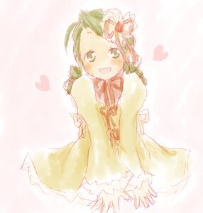 Rating: Safe Score: 0 Tags: 1girl :d blush dress flower frills green_eyes green_hair heart image kanaria long_sleeves open_mouth ribbon smile solo User: admin