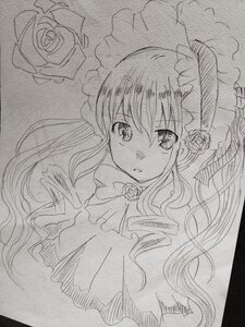 Rating: Safe Score: 0 Tags: 1girl bow dress flower frills greyscale image long_hair long_sleeves looking_at_viewer monochrome rose shinku solo tears traditional_media User: admin