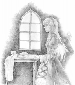 Rating: Safe Score: 0 Tags: 1girl closed_eyes dress graphite_(medium) greyscale image indoors long_hair long_sleeves monochrome profile solo standing suigintou traditional_media wall window User: admin