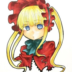 Rating: Safe Score: 0 Tags: 1girl bangs blonde_hair blue_eyes bonnet bow bowtie capelet closed_mouth dress eyebrows_visible_through_hair green_bow image long_hair long_sleeves looking_at_viewer marker_(medium) shinku sidelocks simple_background solo twintails upper_body white_background User: admin