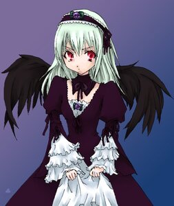 Rating: Safe Score: 0 Tags: 1girl black_wings cowboy_shot detached_collar dress expressionless frills hairband image juliet_sleeves long_hair long_sleeves looking_at_viewer puffy_sleeves red_eyes ribbon simple_background solo suigintou wings User: admin