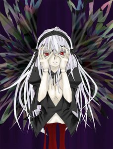 Rating: Safe Score: 0 Tags: 1girl bangs black_dress black_wings detached_collar dress hairband hands_on_own_face image long_hair long_sleeves looking_at_viewer plant red_eyes solo suigintou very_long_hair wings User: admin