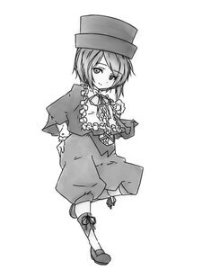 Rating: Safe Score: 0 Tags: 1girl boots capelet eyebrows_visible_through_hair frills full_body greyscale hat image long_sleeves looking_at_viewer monochrome short_hair smile solo souseiseki User: admin