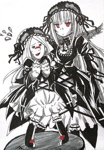 Rating: Safe Score: 0 Tags: 2girls dress flying_sweatdrops frills hairband image long_hair long_sleeves monochrome multiple_girls open_mouth red_eyes solo suigintou traditional_media wings User: admin