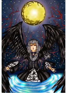 Rating: Safe Score: 0 Tags: 1girl black_wings dress frills full_moon gothic_lolita hairband image lolita_fashion moon night red_eyes ribbon silver_hair solo suigintou wings User: admin