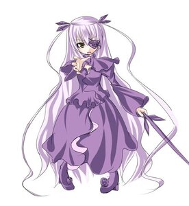 Rating: Safe Score: 0 Tags: 1girl barasuishou boots dress eyepatch full_body image long_hair long_sleeves looking_at_viewer purple_dress ribbon simple_background solo standing vertical_stripes very_long_hair User: admin