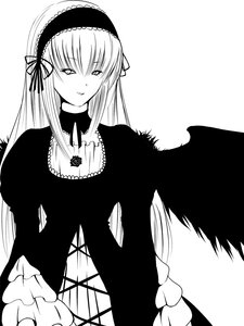 Rating: Safe Score: 0 Tags: 1girl black_wings dress frills greyscale hairband image long_hair long_sleeves looking_at_viewer monochrome rose simple_background smile solo suigintou upper_body very_long_hair white_background wings User: admin