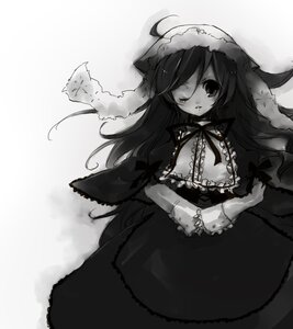 Rating: Safe Score: 0 Tags: 1girl ahoge breasts cleavage dress frills gothic_lolita greyscale image lolita_fashion long_hair long_sleeves looking_at_viewer monochrome one_eye_closed solo suiseiseki User: admin