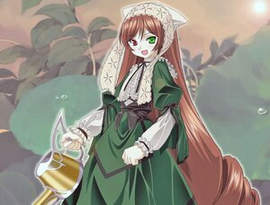 Rating: Safe Score: 0 Tags: 1girl :d blush brown_hair center_frills dress drill_hair frilled_shirt_collar frills green_dress green_eyes grey_hair head_scarf heterochromia holding image long_hair long_sleeves looking_at_viewer open_mouth red_eyes rozen_maiden smile solo suiseiseki twin_drills umekichi very_long_hair watering_can User: admin