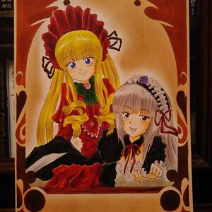 Rating: Safe Score: 0 Tags: 2girls blonde_hair blue_eyes bonnet dress drill_hair flower frills image long_hair long_sleeves looking_at_viewer marker_(medium) multiple_girls pair red_dress rose shikishi shinku sidelocks smile suigintou traditional_media User: admin