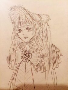 Rating: Safe Score: 0 Tags: 1girl bangs bow bowtie dress flower image long_hair long_sleeves looking_at_viewer monochrome rose shinku simple_background sketch solo traditional_media upper_body User: admin