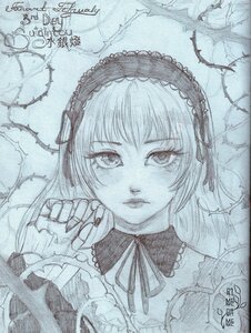 Rating: Safe Score: 0 Tags: 1girl artist_name closed_mouth dated frills graphite_(medium) hairband image long_hair looking_at_viewer monochrome ribbon signature sketch solo suigintou traditional_media User: admin