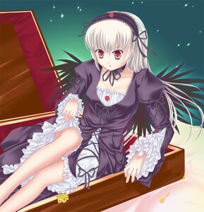 Rating: Safe Score: 0 Tags: 1girl black_dress detached_collar dress frills hairband image long_hair long_sleeves pink_eyes red_eyes silver_hair sitting solo suigintou wings User: admin