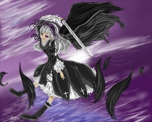 Rating: Safe Score: 0 Tags: 1girl black_wings boots dress feathers frills gothic_lolita hairband holding image juliet_sleeves lolita_fashion lolita_hairband long_hair long_sleeves silver_hair smile solo standing_on_liquid suigintou water weapon wings User: admin